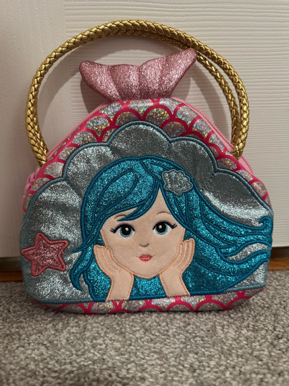 Girls Mermaid Glitter Holographic Purse Gold Handle Dress Up Bag